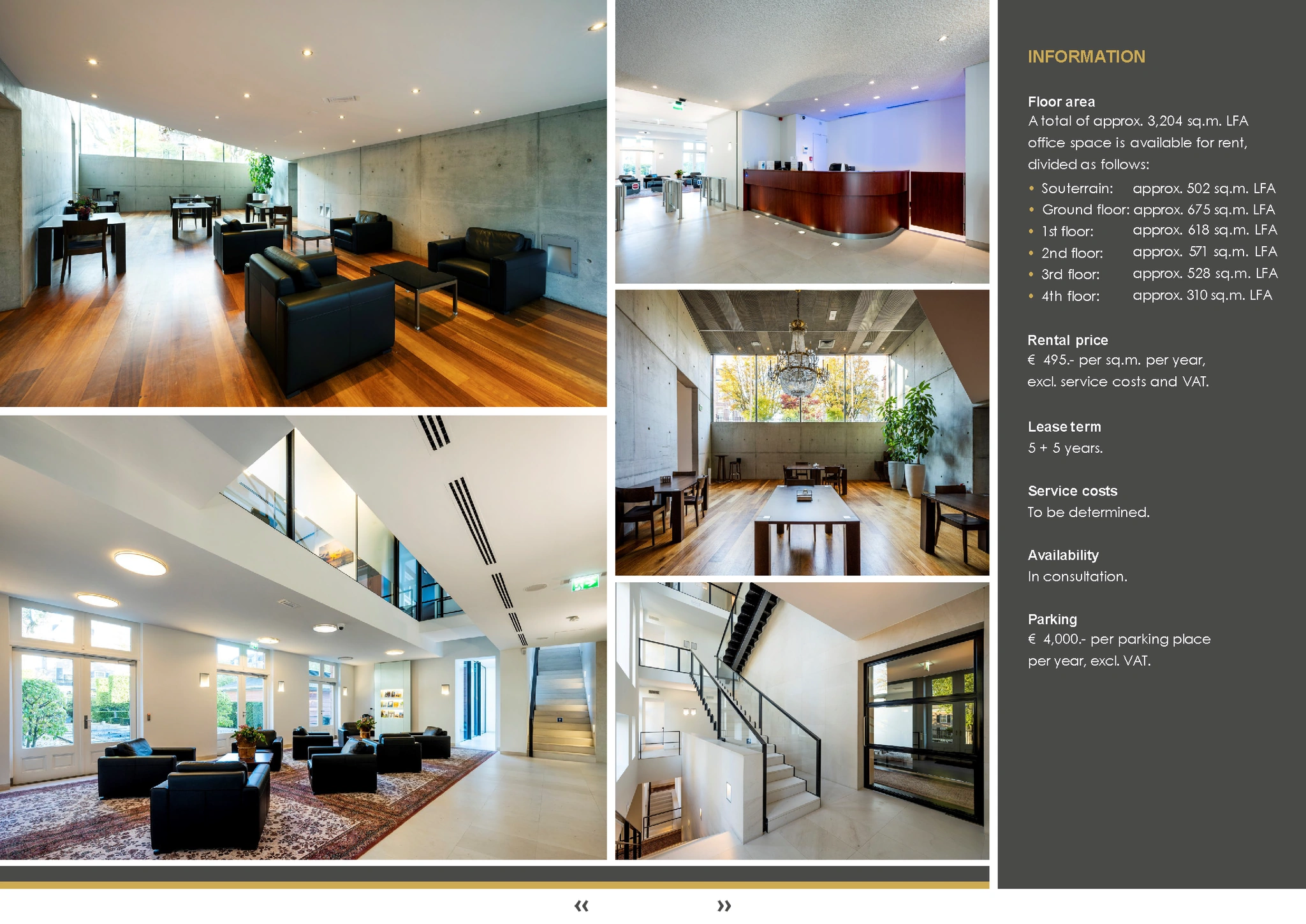 Collage van moderne kantoorruimtes in Museumplein met luxe afwerking, natuurlijke lichtinval en houten vloeren.