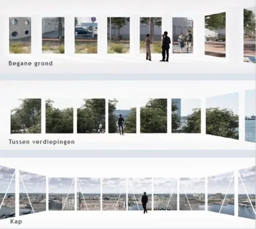 Uitzicht vanuit verschillende verdiepingen van een gebouw aan de Grasweg, met zicht op straat, bomen en skyline.