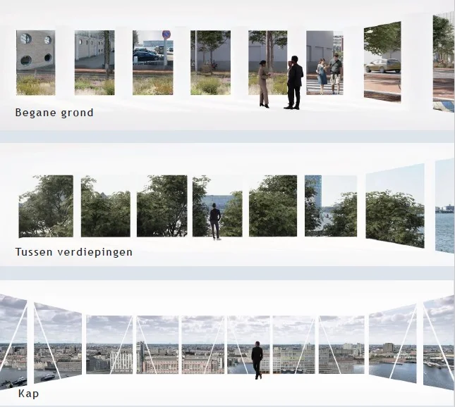 Uitzicht vanuit verschillende verdiepingen van een gebouw aan de Grasweg, met zicht op straat, bomen en skyline.