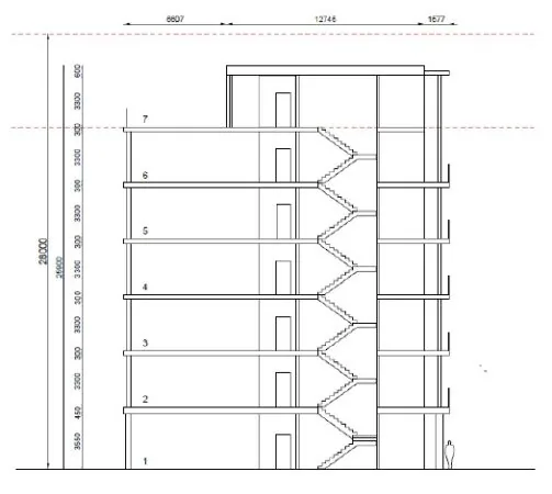 Architectonische doorsnede van een zeven verdiepingen tellend gebouw aan de Grasweg met trappenhuis en maatvoeringen.