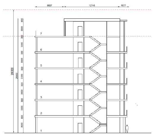 Architectonische doorsnede van een zeven verdiepingen tellend gebouw aan de Grasweg met trappenhuis en maatvoeringen.