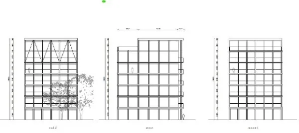 Architectonische gevelaanzichten van een modern zeslaagspand aan de Grasweg, getoond vanaf de zuid-, west- en noordzijde.