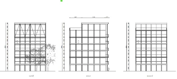 Architectonische gevelaanzichten van een modern zeslaagspand aan de Grasweg, getoond vanaf de zuid-, west- en noordzijde.