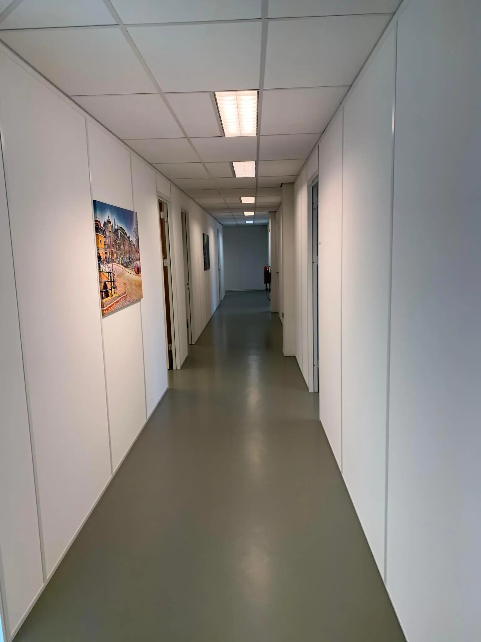 Lange, witte kantoorhal met gesloten deuren en een schilderij van een Amsterdamse gracht aan de muur.