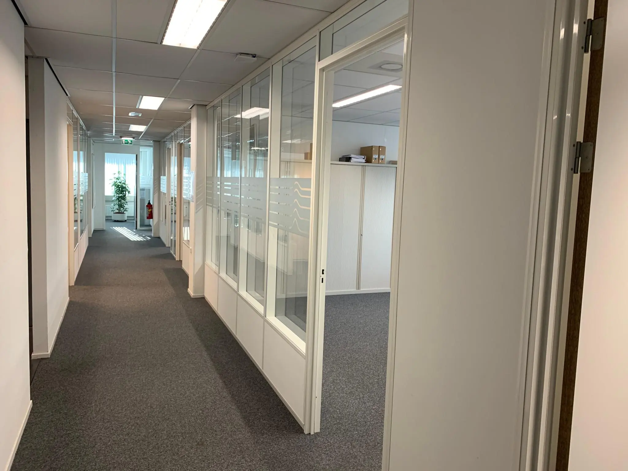 Licht kantoorinterieur aan de Zekeringstraat met glazen kantoormuren en een gang met tapijt.