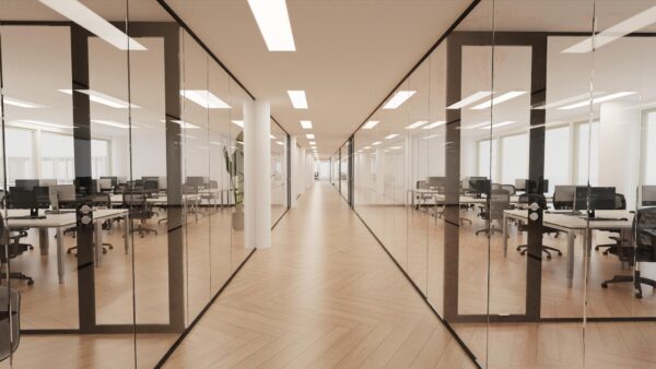 Modern kantoorgebouw aan de Europalaan met glazen wanden en open werkplekken langs een brede gang.