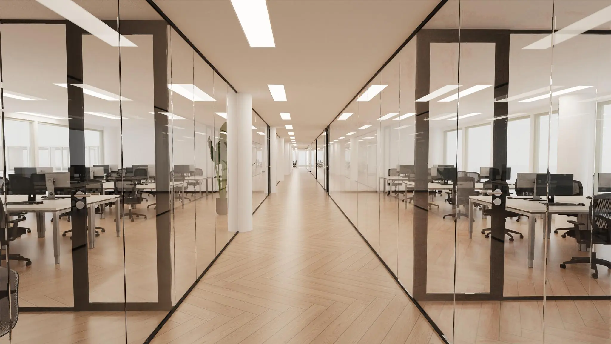 Modern kantoorgebouw aan de Europalaan met glazen wanden en open werkplekken langs een brede gang.