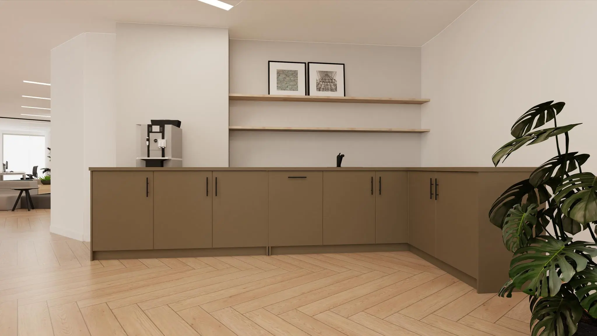 Moderne kantoorhoek met koffieautomaat, lage keukenkasten, wandplanken en een groene kamerplant.