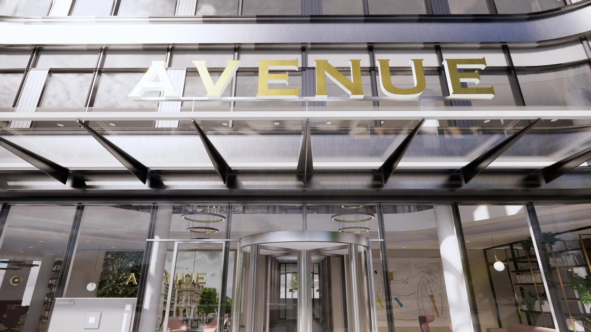 Ingang van het gebouw 'Avenue' aan de Europalaan met glazen deuren en een moderne gevel.