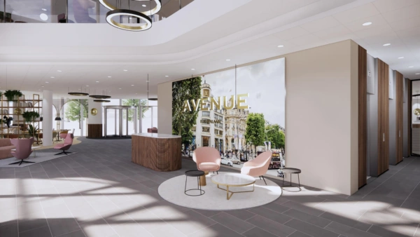 Moderne en stijlvolle kantoorlobby aan de Europalaan met zithoek, receptiebalie en wanddecoratie met de tekst "Avenue".