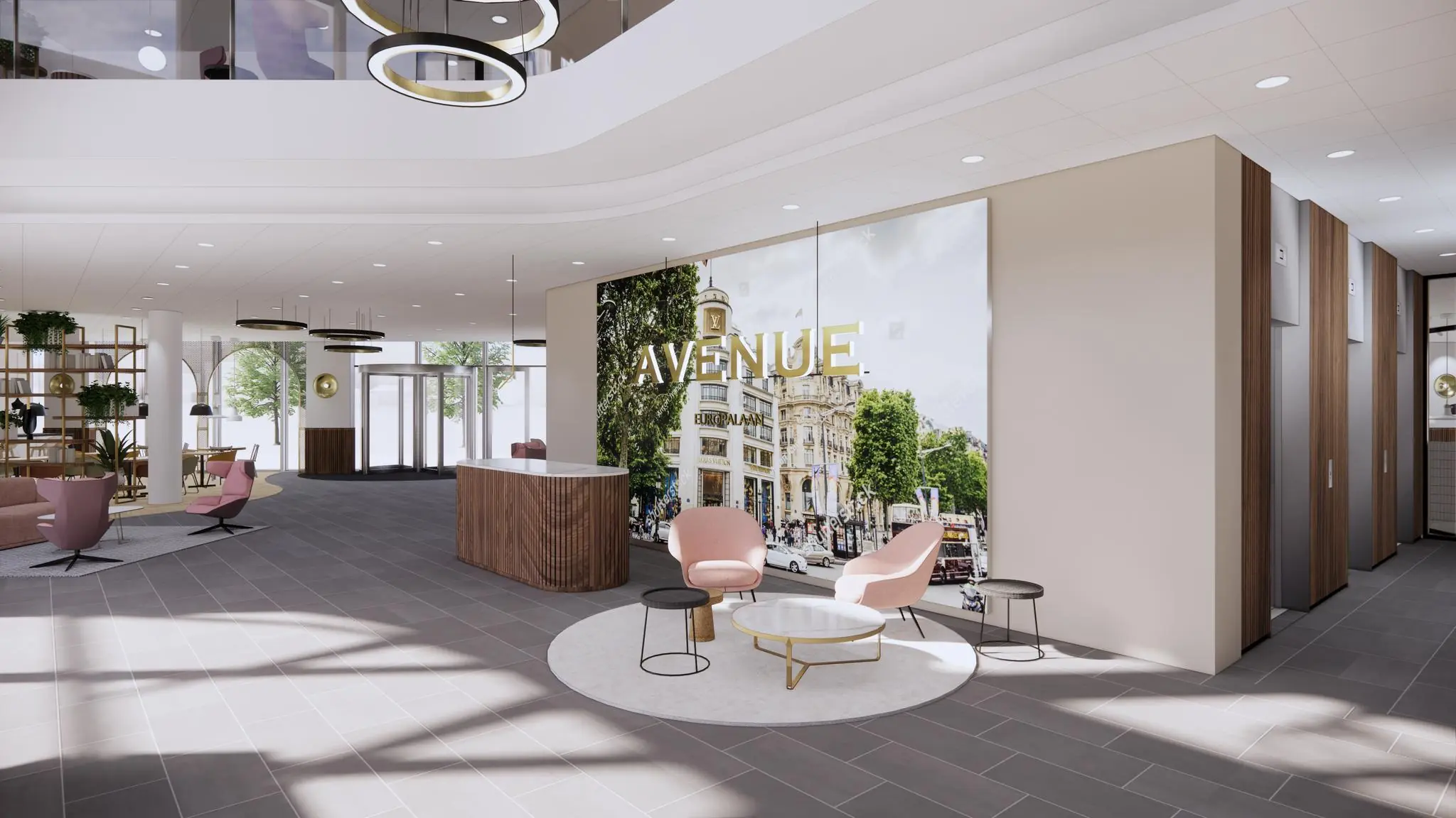 Moderne en stijlvolle kantoorlobby aan de Europalaan met zithoek, receptiebalie en wanddecoratie met de tekst "Avenue".