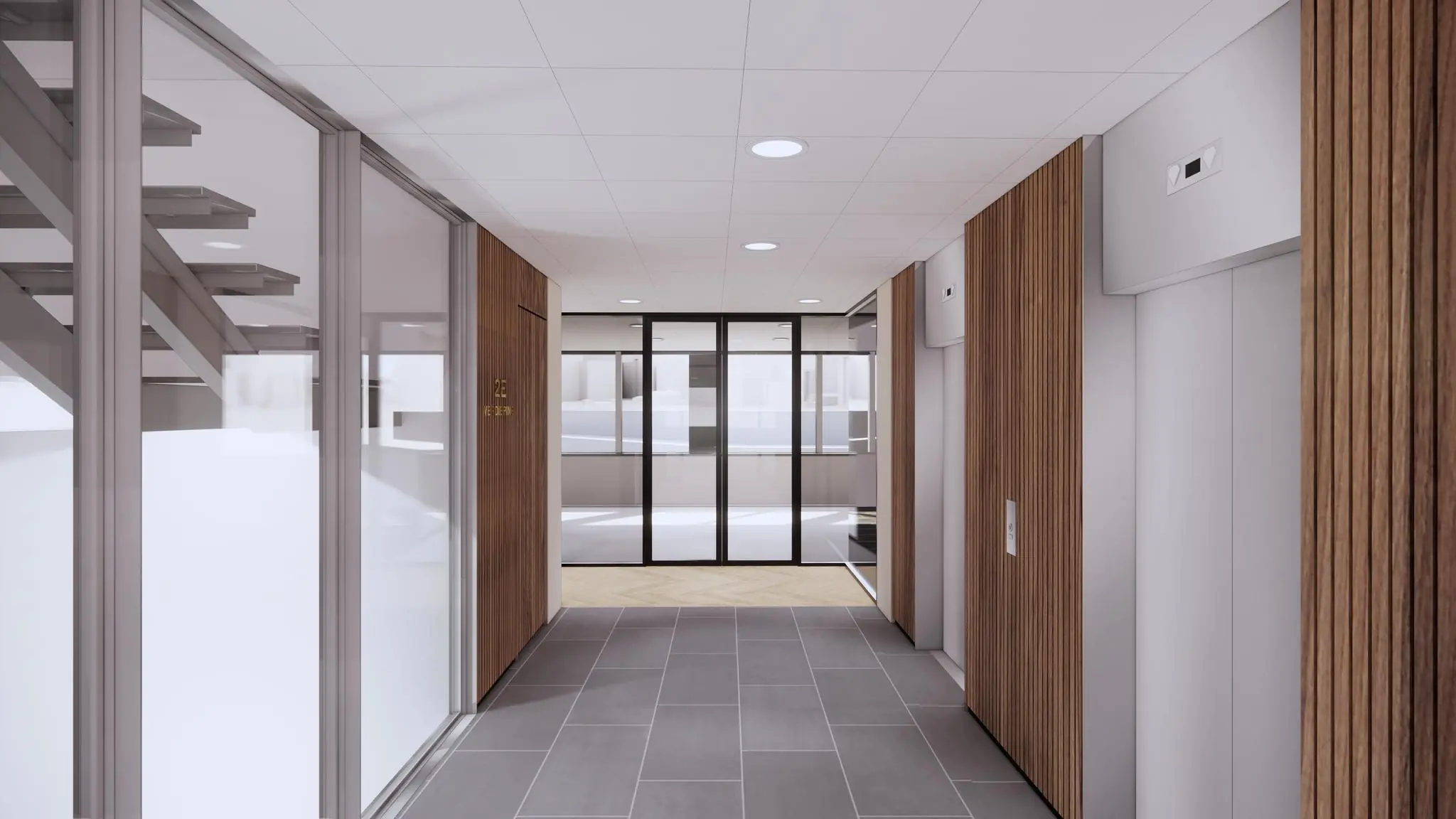 Moderne gang op de tweede verdieping van een kantoorpand aan de Europalaan met liften, glazen wanden en houten accenten.