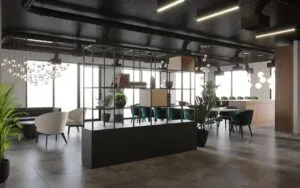 Moderne, stijlvol ingerichte kantoorruimte aan de Grasweg met open indeling, groene accenten en designmeubilair.