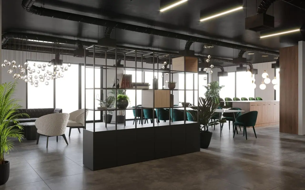 Moderne, stijlvol ingerichte kantoorruimte aan de Grasweg met open indeling, groene accenten en designmeubilair.