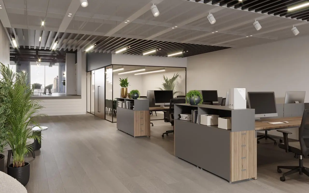 Moderne open kantoorruimte aan de Grasweg met flexibele werkplekken, glazen vergaderruimte en veel groen.