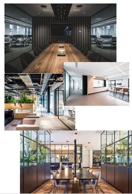 Collage van moderne kantoorinterieurs in het Stationspark met strakke lijnen, glazen wanden en stijlvolle inrichting.