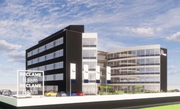 Kantoorgebouw Stationspark met moderne gevel en parkeerplaatsen op de voorgrond.