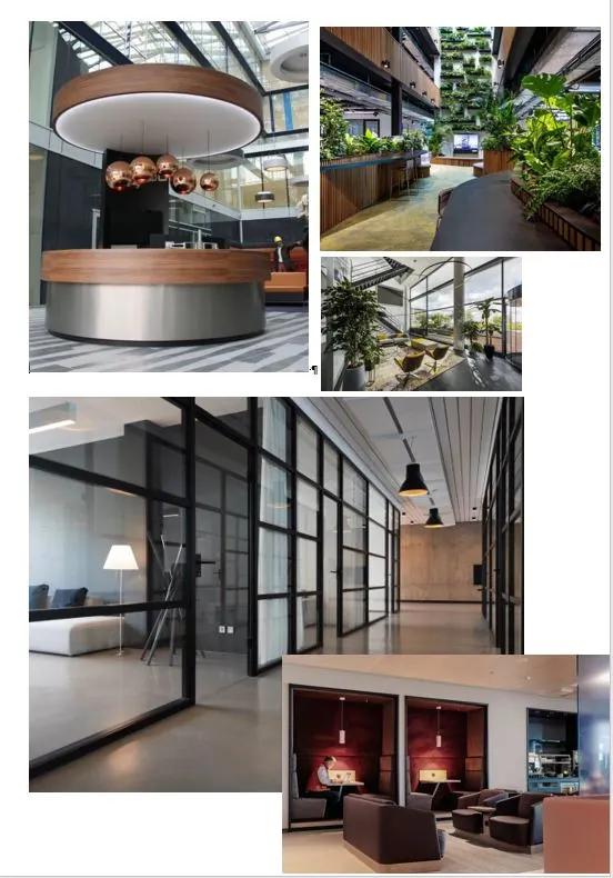 Collage van moderne kantoorinterieurs en -voorzieningen in het Stationspark, met veel glas, planten en designmeubels.