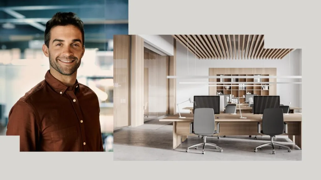 Portret van een lachende man in een modern kantoorinterieur op de NDSM-Pier.