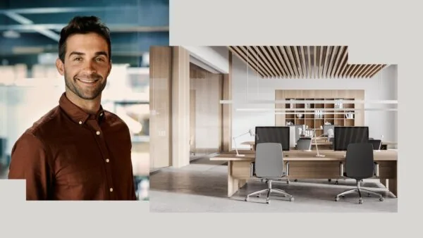 Portret van een lachende man in een modern kantoorinterieur op de NDSM-Pier.