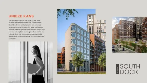 Visuele impressie van het NDSM South Dock-project met moderne woongebouwen, binnentuin en een zakelijke professional bij een raam.