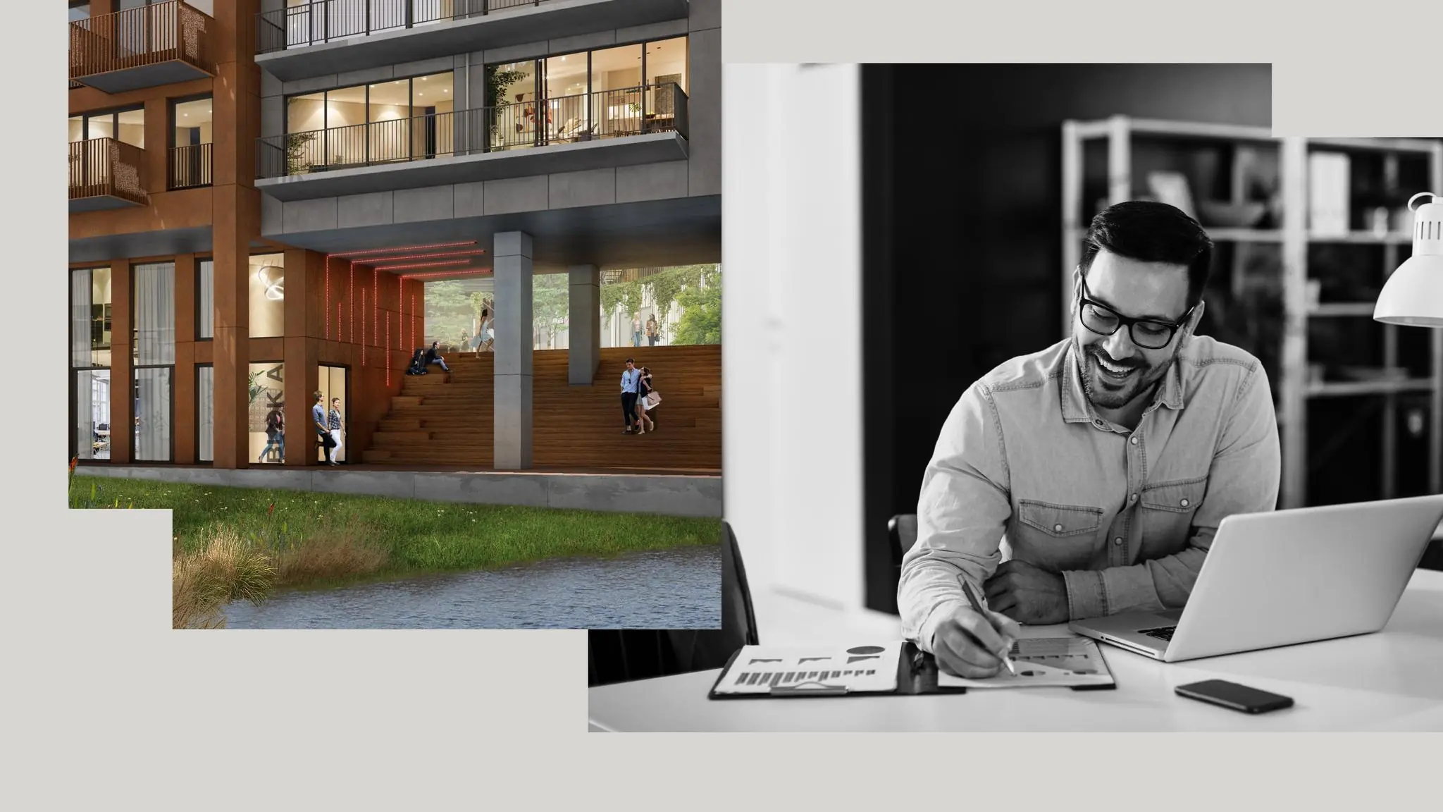 Collage van een moderne woongebouw aan het water op de NDSM-werf en een lachende man werkend aan een bureau met laptop.