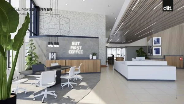 Moderne kantoorlobby met ontvangstbalie, werkplekken en een koffiestation met de tekst "BUT FIRST COFFEE" op de muur.