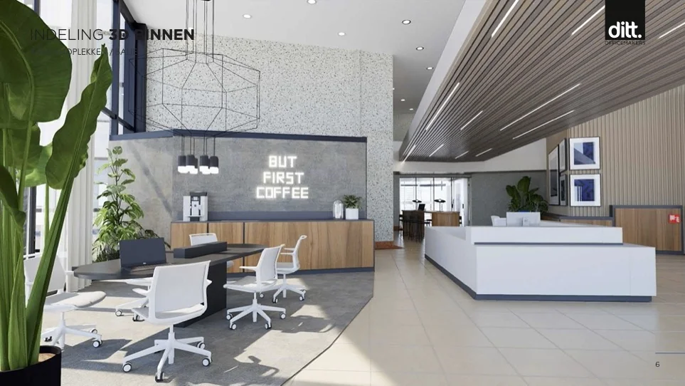 Moderne kantoorlobby met ontvangstbalie, werkplekken en een koffiestation met de tekst "BUT FIRST COFFEE" op de muur.
