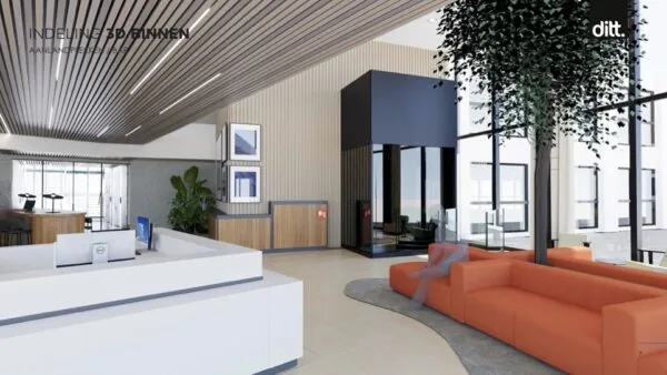 Moderne kantoorlobby van Nevelgaarde met een witte balie, oranje zithoek en veel natuurlijk licht.