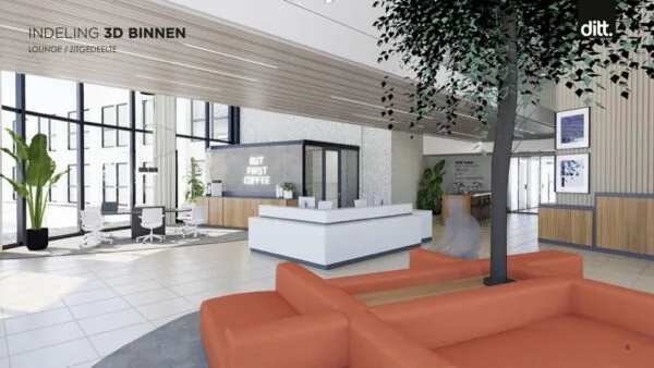 3D-interieurontwerp van een moderne lounge met zitgedeelte, receptiebalie en koffiestation in het gebouw Nevelgaarde.