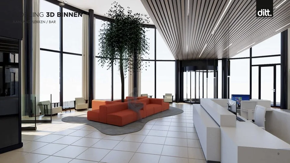 Moderne, lichte ontvangsthal met oranje zithoek, hoge ramen, een receptiebalie en een grote binnenboom in kantoorgebouw Nevelgaarde.