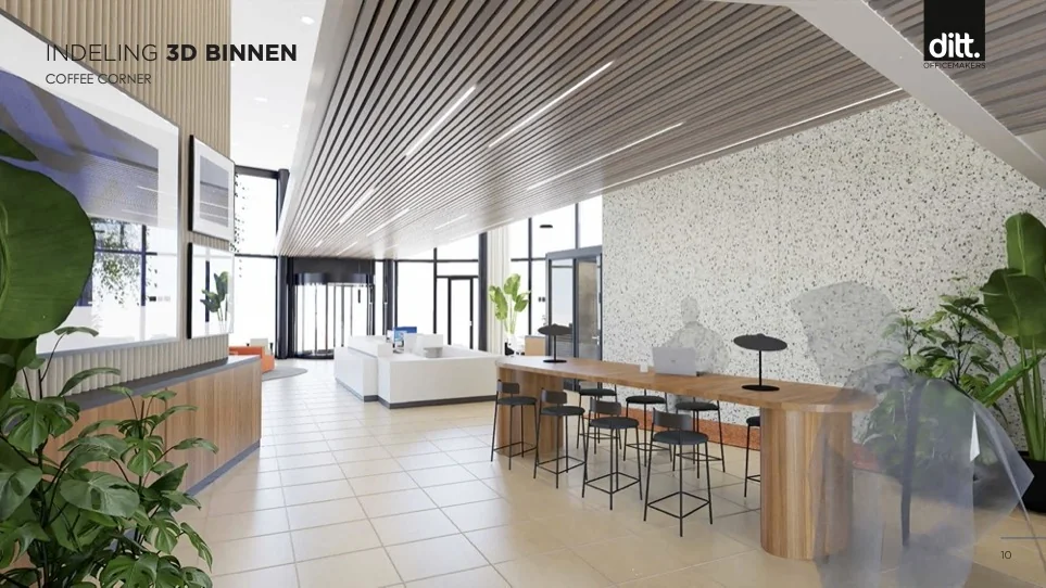 Moderne 3D-visualisatie van een open en lichte koffiecorner in een kantoor aan de Nevelgaarde.