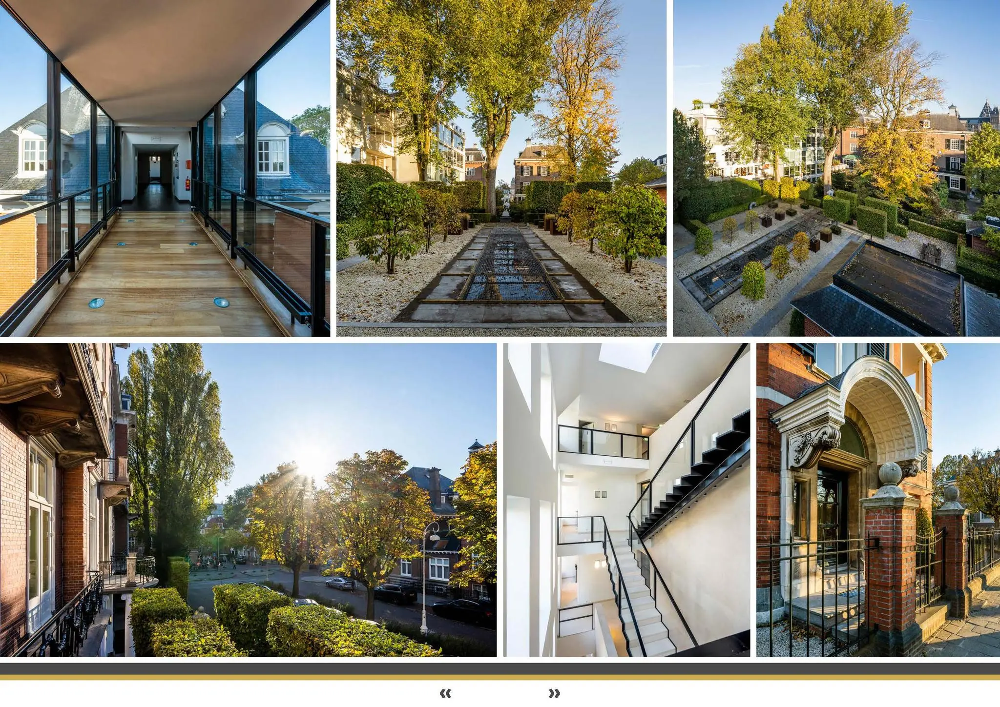 Collage van moderne en klassieke architectuur, tuin en interieurdetails van een gebouw aan het Museumplein in Amsterdam.