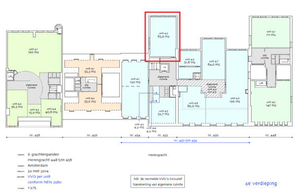 Plattegrond van de vierde verdieping van Herengracht 448 t/m 458 in Amsterdam met units en oppervlakten, waarbij unit 4.2 (85,9 m²) rood is omlijnd.