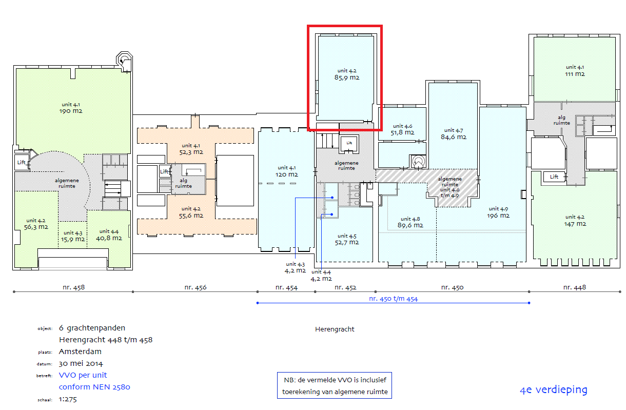 Plattegrond van de vierde verdieping van Herengracht 448 t/m 458 in Amsterdam met units en oppervlakten, waarbij unit 4.2 (85,9 m²) rood is omlijnd.