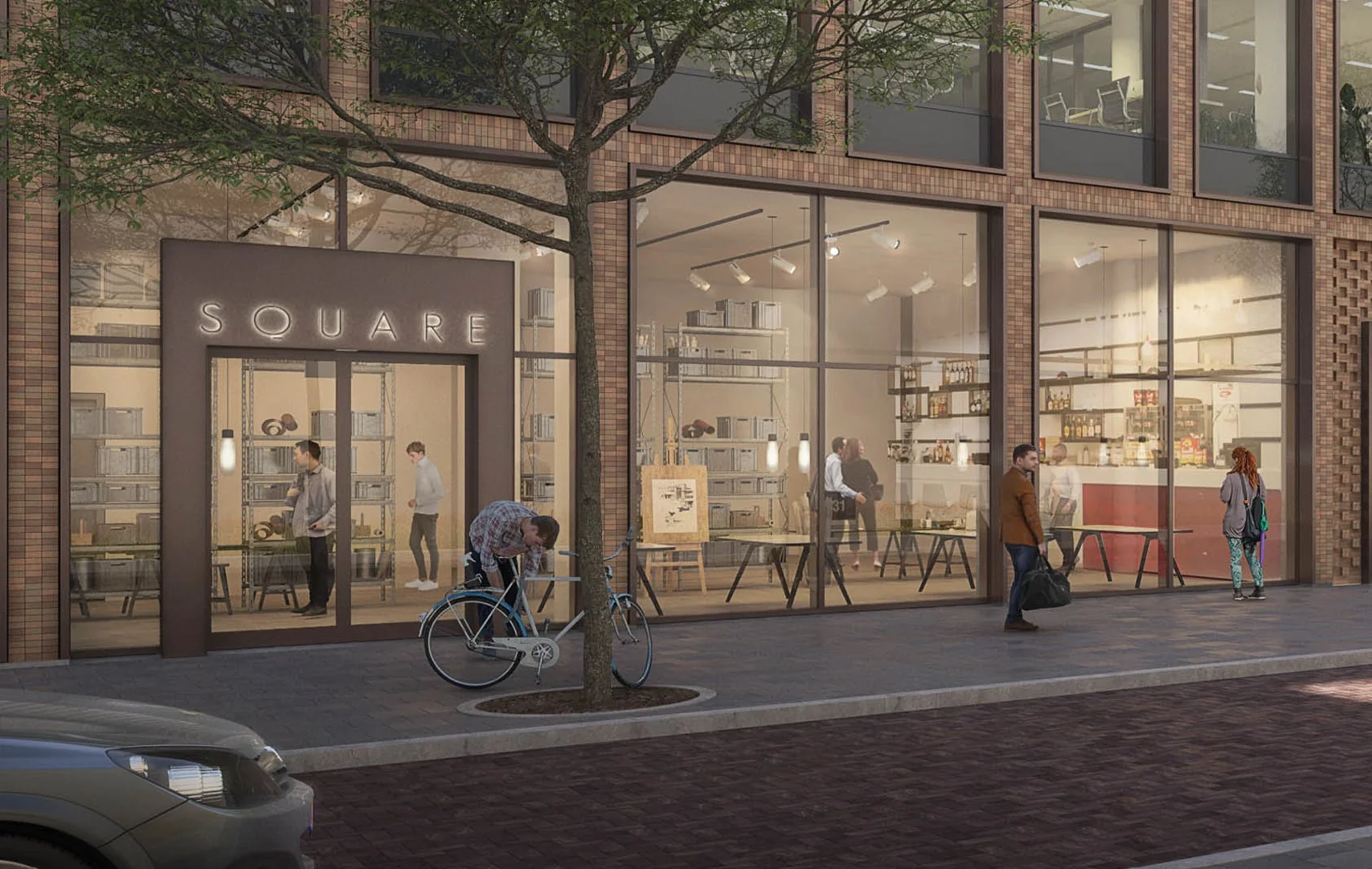 Moderne gevel van horecagelegenheid SQUARE aan de Gelrestraat met grote ramen, voorbijgangers en een fietser op de stoep.