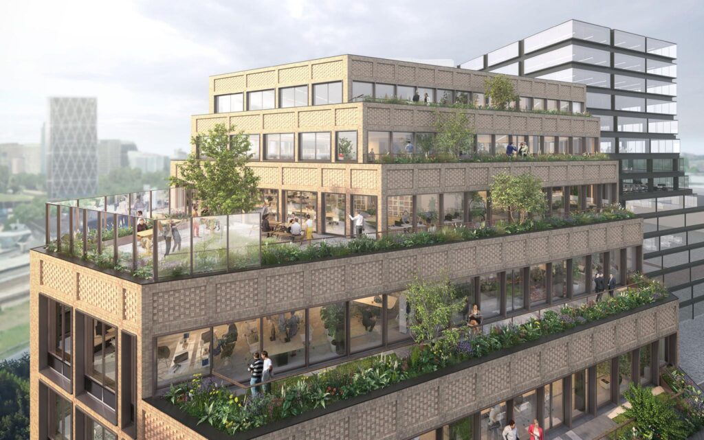 Moderne kantoorgebouw aan de Gelrestraat met terrassen vol groen en glazen balustrades.