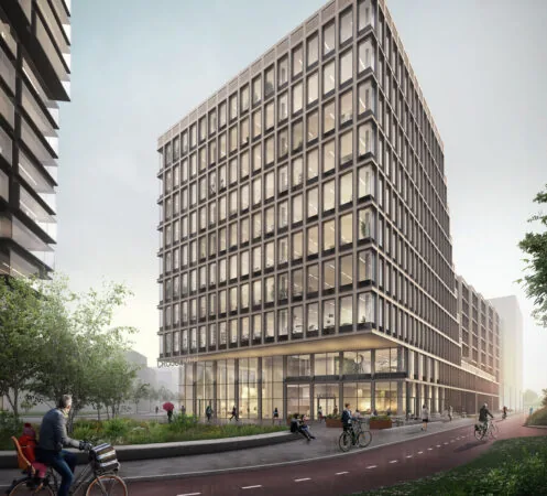 Modern kantoorgebouw aan de Gelrestraat met glazen gevel en fietsers op het fietspad op de voorgrond.