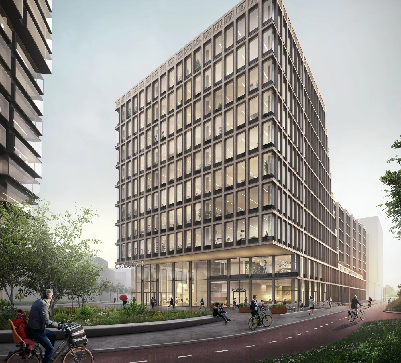 Modern kantoorgebouw aan de Gelrestraat met glazen gevel en fietsers op het fietspad op de voorgrond.