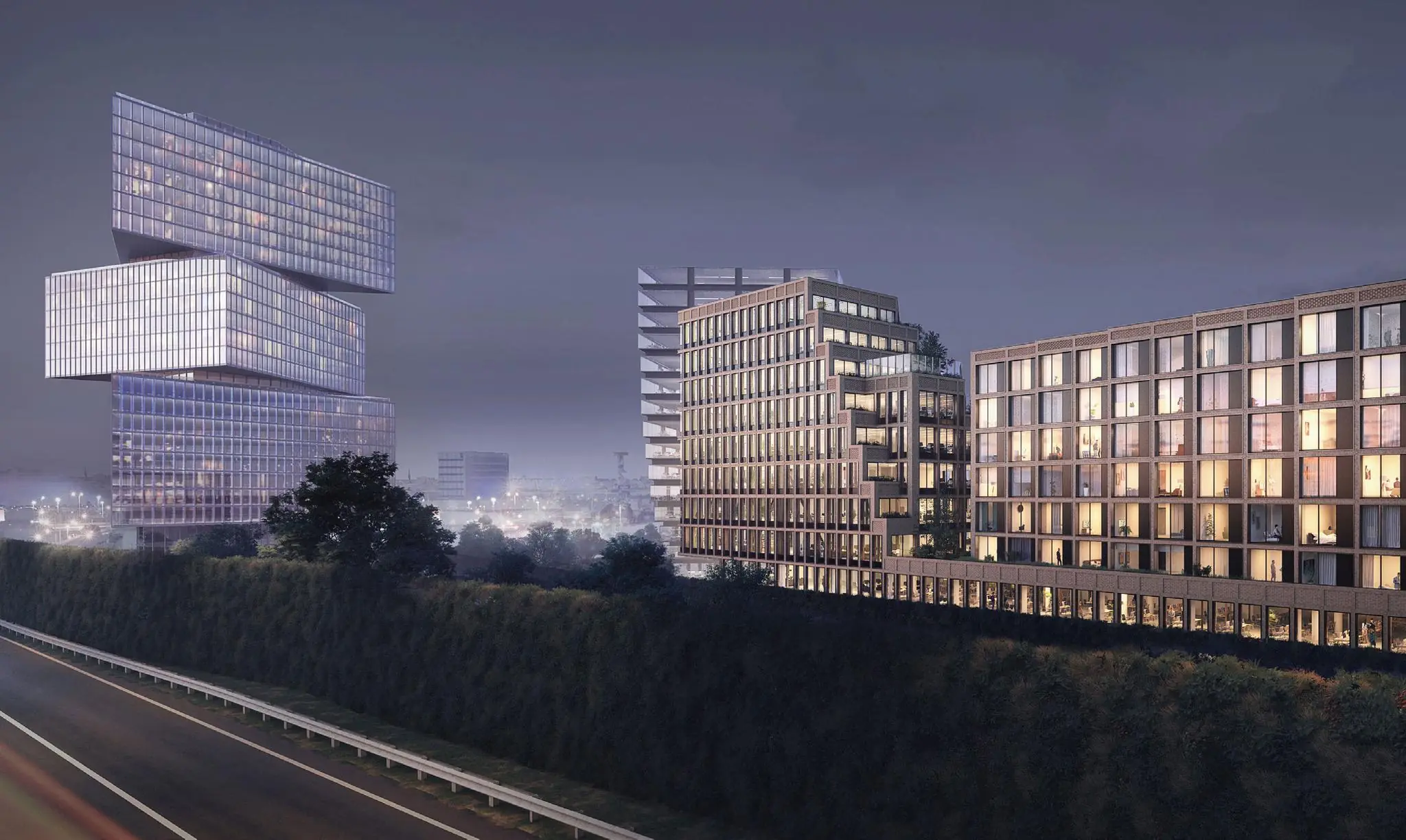 Moderne kantoorgebouwen en appartementencomplexen aan de Gelrestraat bij avondzicht.