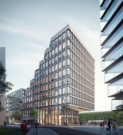 Modern kantoorgebouw aan de Gelrestraat met strookvormige ramen en de naam "Crossover" op de gevel.