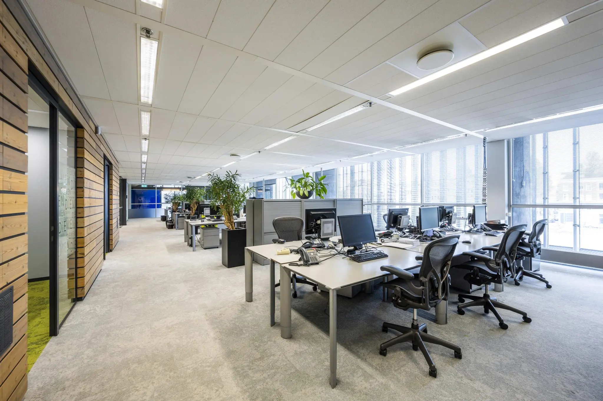 Moderne open kantoorruimte aan de Jacob Bontiusplaats met werkplekken, bureaustoelen en grote ramen.