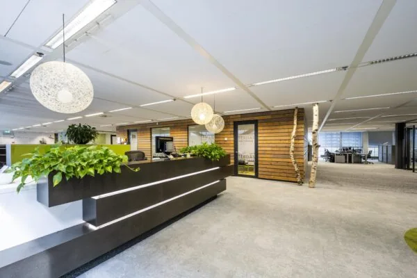 Moderne kantoorruimte aan de Jacob Bontiusplaats met een receptiebalie, houten wanden, hanglampen en veel groene planten.