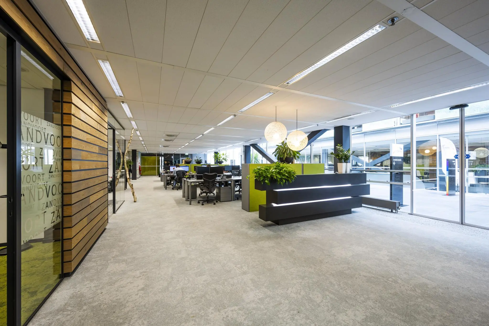 Moderne en open kantoorruimte aan de Jacob Bontiusplaats met werkplekken, groenaccenten en veel daglicht.