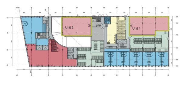 Plattegrond van een gebouw aan de Gelrestraat met aanduiding van Unit 1 en Unit 2.