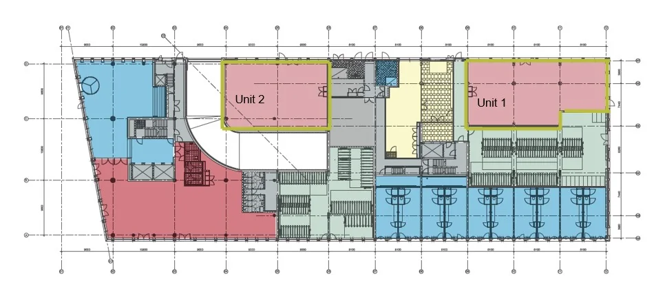 Plattegrond van een gebouw aan de Gelrestraat met aanduiding van Unit 1 en Unit 2.