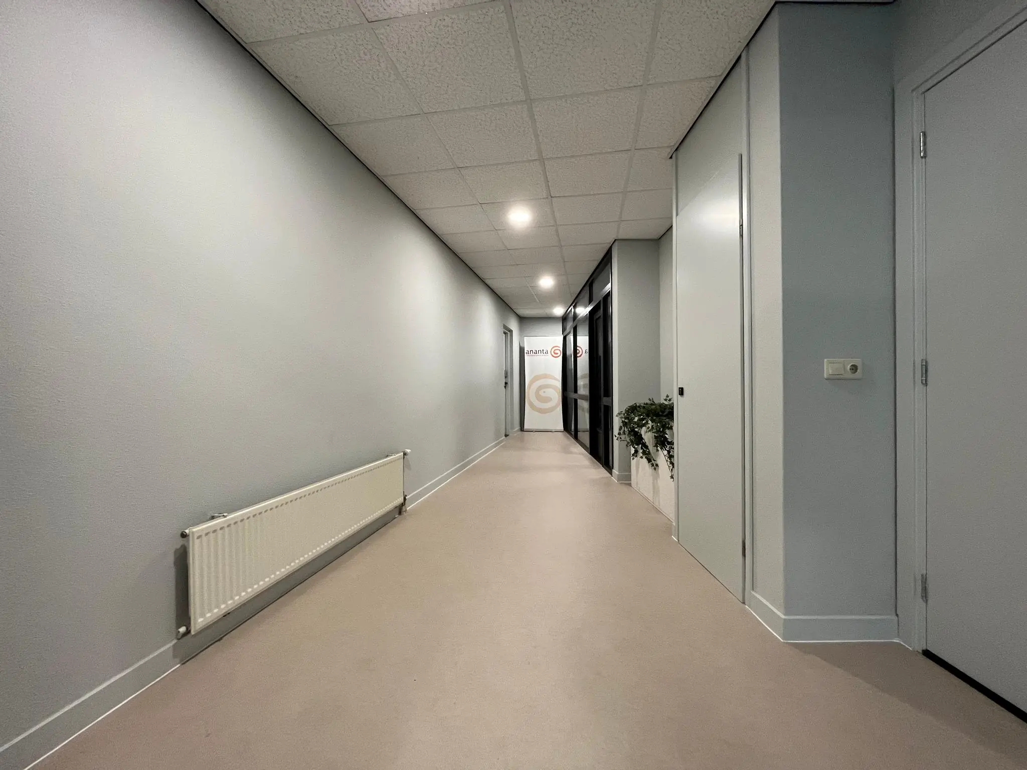 Verlichte gang in een kantoorpand aan de Koningsweg met deuren, planten en een radiator aan de muur.