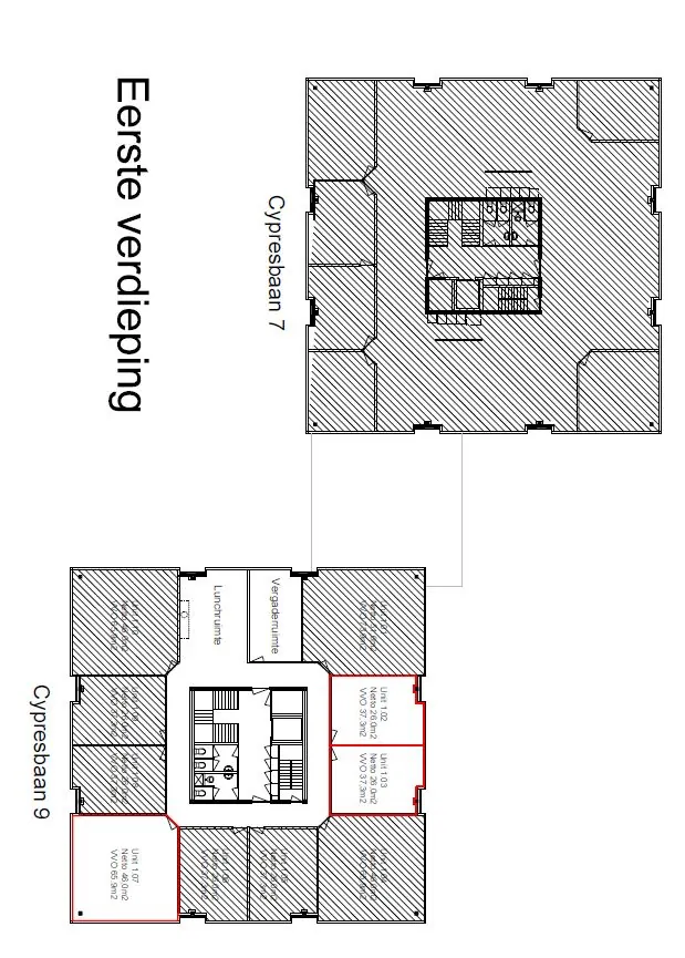 Plattegrond van de eerste verdieping van een kantoorgebouw aan de Cypresbaan 7 en 9 met indeling van units en algemene ruimtes.