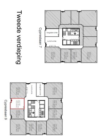 Plattegrond van de tweede verdieping van de gebouwen aan de Cypresbaan 7 en 9 met vergaderruimtes, lunchruimtes en kantoren.