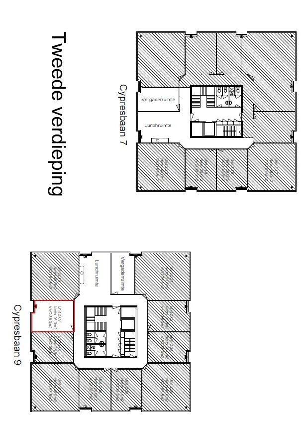 Plattegrond van de tweede verdieping van de gebouwen aan de Cypresbaan 7 en 9 met vergaderruimtes, lunchruimtes en kantoren.
